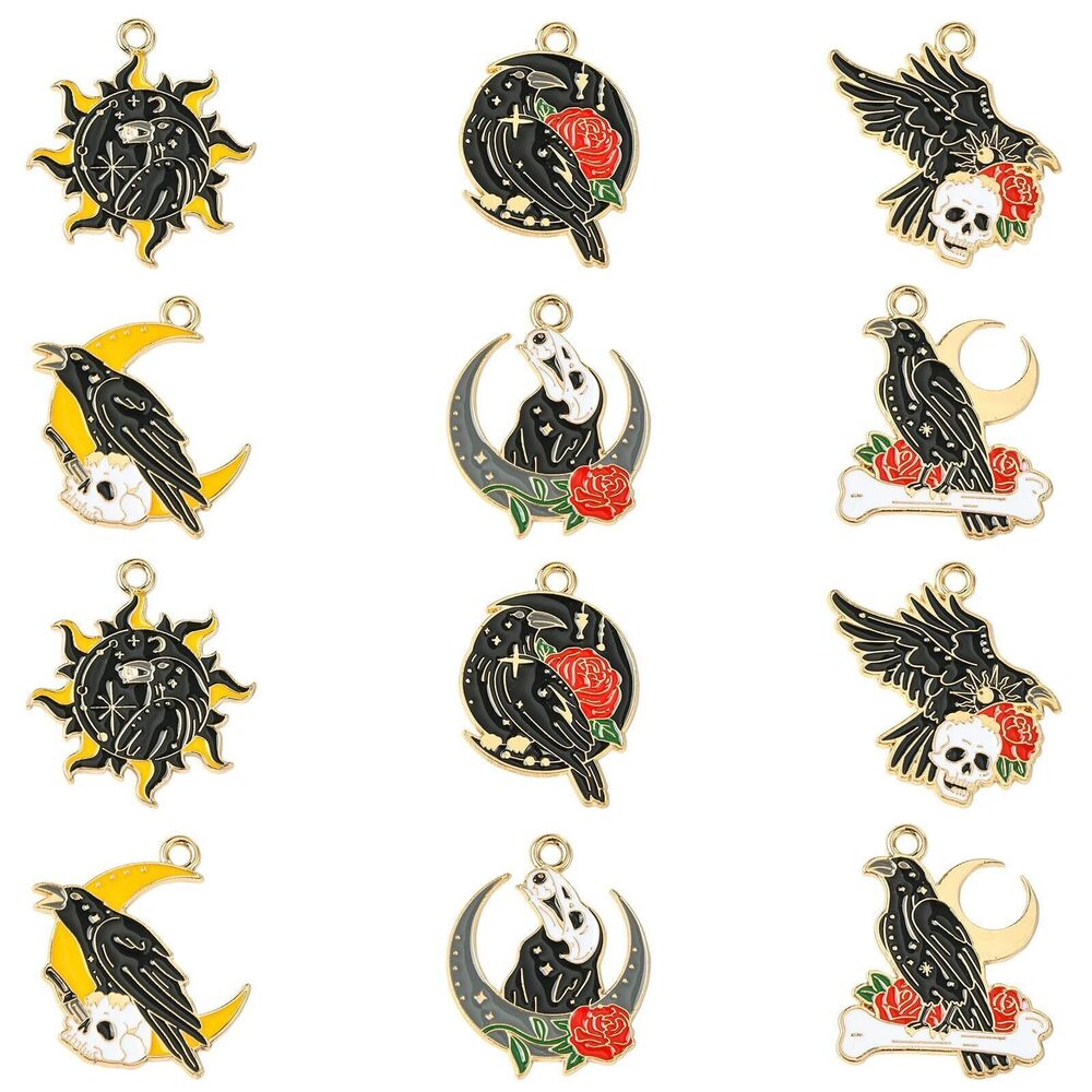 5426 30 pcs 6 Styles Black Raven Theme Alloy Enamel Charms Skull Moon